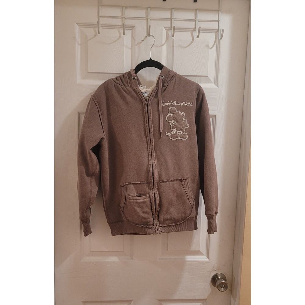 Walt Disney World Parks Sherpa Lined Hoodie Embroidered Mickey Light Brown Sz M